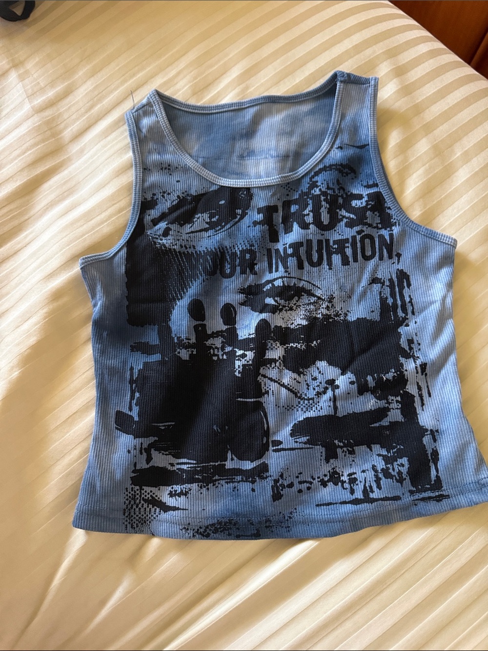 Blue Graphic Ribbed Tank Top with Black Print